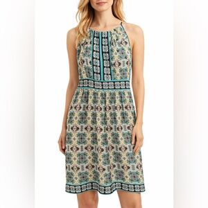 London Times Teal and Cream Halter Midi Dress with Geometric Print